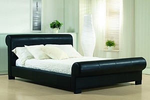 BLACK SCROLL LEATHER BED FRAME AND ORTHOPAEDIC MATTRESS BLACK SCROLL LEATHER BED FRAME AND ORTHOPAEDIC MATTRESS